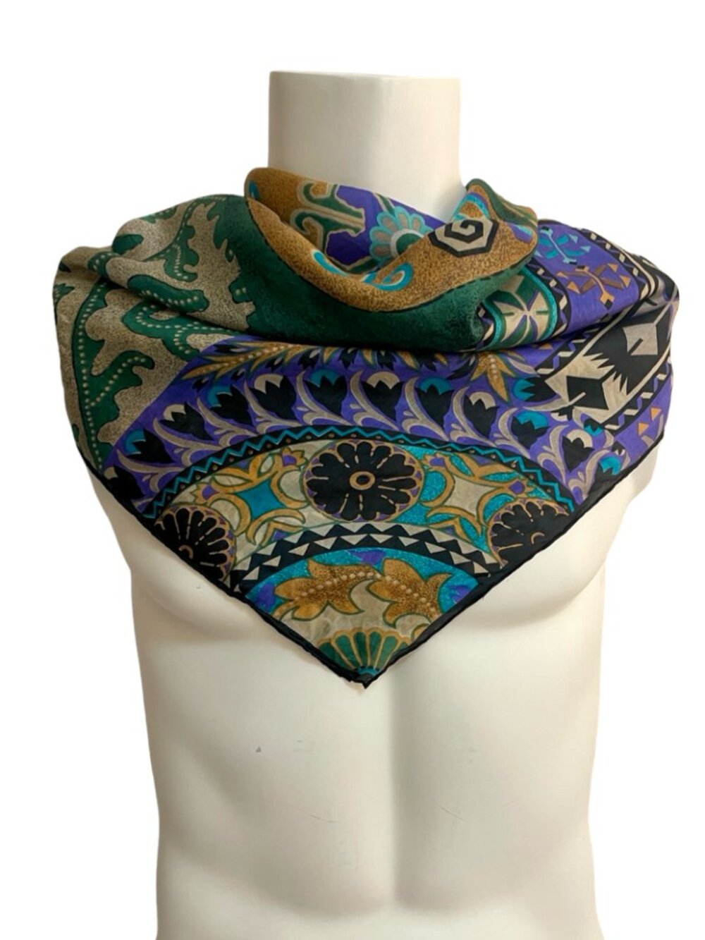 Vintage Style 100% Silk Scarf Hand Rolled Edges Patchwork Floral Geometric Print